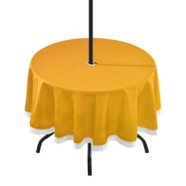 Imagem de CEBUGI Toalha de mesa redonda para uso externo, fundo amarelo, laranja, impermeável, com furo Umberlla, capa de mesa lavável para pátio, cozinha, sala de jantar, 152 cm