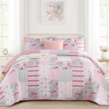 Imagem de Anibedding Colchas de patchwork tamanho king, colcha xadrez de flor rosa com fronhas duplas para todas as estações