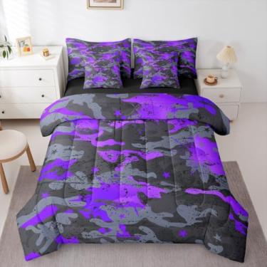 Imagem de Erosebridal Conjunto de edredom ombré, camuflado, aquarela, tamanho Queen, 7 peças, retrô, camuflagem, grunge, tinta, respingos, cinza, roxo