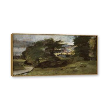 Imagem de Moldura de teca. Arte em tela romantismo estilo constable (paisagem com casas de campo), pintura de paisagem inglesa emoldurada, decoração de parede elegante para sala de estar escritório. 30 x 60 cm