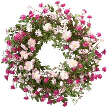 Imagem de TEMPUS Guirlanda de Dia dos Namorados de 61 cm para porta da frente – Guirlanda de primavera floral artificial com cosmos rosa e flores silvestres, decoração de casa de fazenda para varanda interna