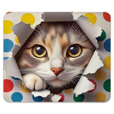 Imagem de Tapete de rato de gato fofo com cena engraçada antiderrapante para jogos e escritório com bordas costuradas 24 x 19 cm, tapete de mesa com estampa de bolinhas coloridas e durável