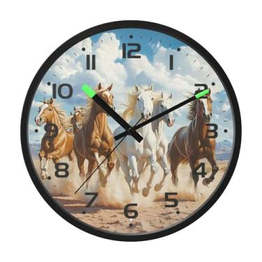 Imagem de SEHANY Relógio de parede artístico majestoso cavalos silencioso, sem tique-taque, relógio redondo operado por bateria, controle de som, luz noturna, relógios de parede para sala de estar, cozinha