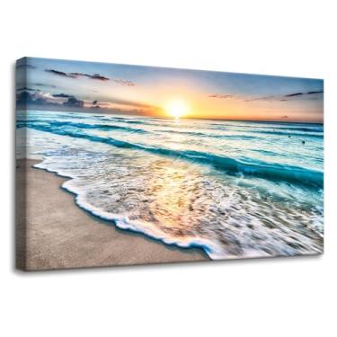 Imagem de Pacimo Arte de parede para sala de estar praia paisagem marítima decoração de parede para quarto azul mar pôr do sol paisagem imagens pinturas impressões arte moderna emoldurada decoração de casa