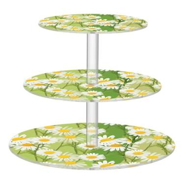 Imagem de Margaridas brancas, verde-claro, bege, chá, festa, cupcake, 3 camadas, redondo, torre de bolo, expositor de acrílico, suporte de mesa para servir bolos para festas, sobremesas, casamento