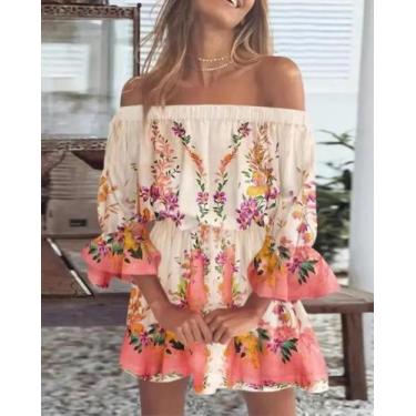Imagem de Blusa Floral De Verão Feminina Com Ombros Descidos, Top Casual Boho Se