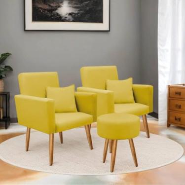 Imagem de Poltrona Decorativa com Puff Sala | Estofada em Suede, Pé Palito Madeira, Conforto e Design Moderno(Amarelo)