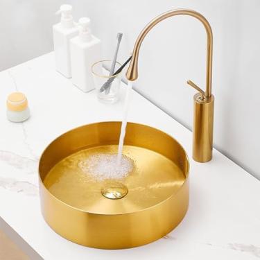 Imagem de Pia de vaso redonda, pia de banheiro, tigela de banheiro acima do balcão, lavatório de arte de bancada para banheiro, material de aço inoxidável, para casa, hotel, decoração de escritório (ouro)