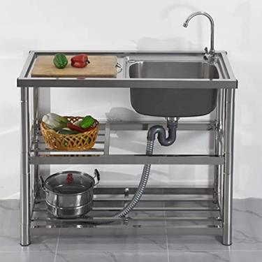 Imagem de Pia de cozinha sob montagem, pia de cozinha de aço inoxidável, pias de cozinha de tigela dupla, tigela única de aço inoxidável de pé livre, com bancada de trabalho e prateleiras de armazenamento