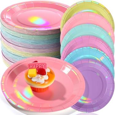 Imagem de Pasimy 120 peças de pratos de papel pastel a laser, pratos de jantar de cor sólida, 22 cm, descartáveis, arco-íris, festa, sobremesa, prato de papel redondo para festas de aniversário de inverno