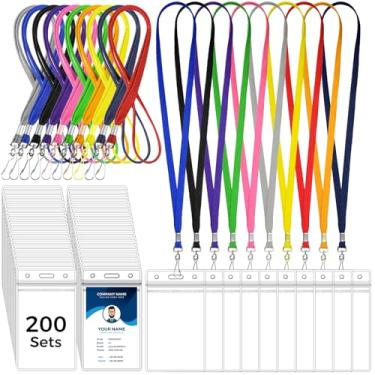 Imagem de Marspark Conjunto de 200 cordões de etiqueta de nome com porta-identidade, crachás de identificação transparentes, cordões de cruzeiro, clipe a granel, porta-cartões de plástico à prova d'água para