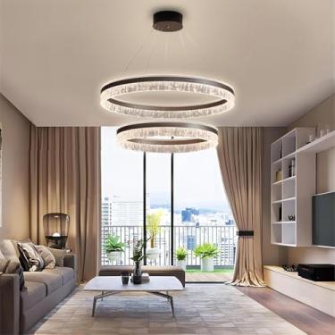 Imagem de Lustre moderno de alumínio com LED dimerizável e controle remoto, aro marrom, elegante, luminária pendente grande para sala de estar, luminária de teto ajustável redonda de acrílico para res