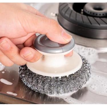 Imagem de Escovas de panela de aço inoxidável com alça, 2 unidades de almofadas de limpeza resistentes à ferrugem para panela, panela, pia, grelha, limpeza de azulejos, escova de limpeza de cozinha resistente