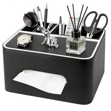 Imagem de Capa retangular de caixa de lenços de couro PU - Suporte multifuncional para caixa de lenços com armazenamento, organizador de lenços e controle remoto com compartimentos para mesa de cabeceira, mesa