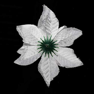 Imagem de ZJchao Borda Dourada Flores de Natal Poinsétias Artificiais Decorações de Férias para Guirlanda de árvore de Natal Decoração de Festa Em Casa Pano Plástico Prateado 13 Cm 1 Pacote