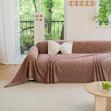 Imagem de ROOMLIFE Boho Capa de sofá rosa para sofá de 3 almofadas, capa de sofá secional de chenille para cães, capa protetora de sofá lavável para móveis, cobertor macio com borlas para sala de estar, 180 cm