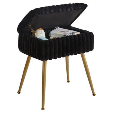 Imagem de Aibiju Banco de penteadeira de veludo, banquinho retangular com arrumação, banquinho de maquiagem com 4 pernas de metal, pufe para sala de maquiagem, quarto, preto YD-MS151B