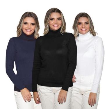 Imagem de Kit 3 Blusas Feminina Tricô Manga Longa Gola Alta Lã Inverno Casual - 