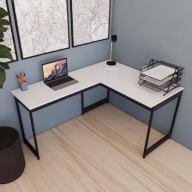 Imagem de Mesa Em L Estilo Industrial Escrivaninha De Canto Escritório Estudo (Branco Pés Pretos)
