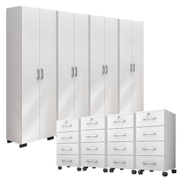 Imagem de Kit 4 Gaveteiros para Escritório Gávea com Chave e 4 Livreiros Office Portas Grandes Branco Fosco - Móveis Leão
