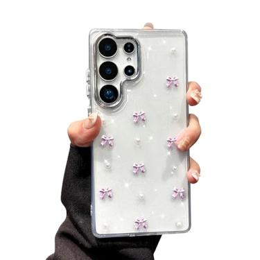 Imagem de EYZUTAK Capa para Samsung Galaxy S24 Ultra, capa de telefone com laço 3D brilhante com laço brilhante design estético fino macio durável TPU transparente capa protetora para mulheres - laço roxo