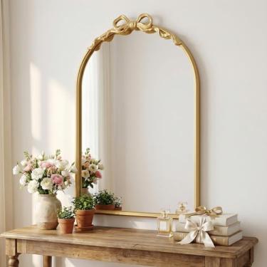 Imagem de MYOTA Espelho de parede dourado arqueado vintage - espelho de banheiro antigo de 63,5 x 40,6 cm para pia, espelhos decorativos de parede com moldura de metal decoração de arco ornamentado barroco para