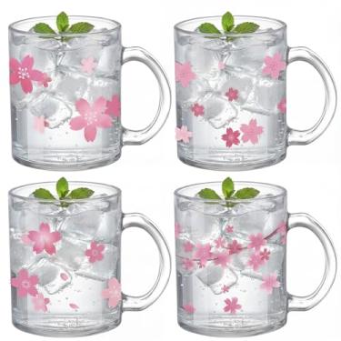 Imagem de Tioncy 4 peças de canecas de café Sakura Primavera 340 g Copos de vidro de flor de cerejeira japonesa com alça Primavera Sakura Xícara de Café Caneca Floral Japonesa Rosa Presentes de Natal