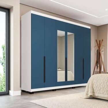 Imagem de Guarda-roupa Casal 6 Portas com Espelho Madrid Azul/Branco
