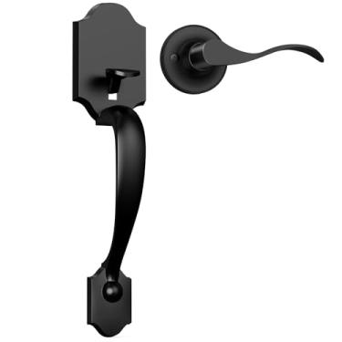 Imagem de Camtek Maçaneta da porta frontal sem trava, conjunto de fechadura de porta de entrada preto fosco com alça reversível, conjunto de fechadura de porta externa compatível com fechadura de teclado