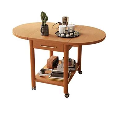Imagem de Mesa de centro moderna de madeira maciça móvel de 2 andares, mesa lateral com rodinhas, mesa de jantar dobrável com prateleira de armazenamento e gaveta para sala de estar, sala de jantar, quarto