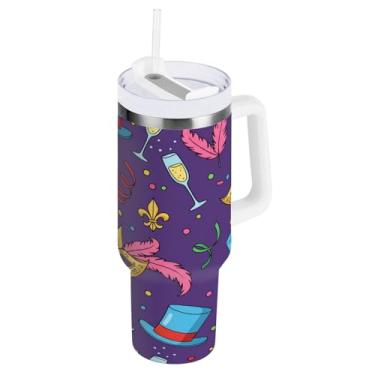 Imagem de Blueangle Copo isolado de carnaval de 850 g com alça e tampa de palha, caneca de viagem reutilizável de aço inoxidável (471)