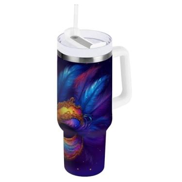 Imagem de Blueangle Copo térmico colorido de 1,134 g Mardi Gras com alça e tampa de palha, caneca de viagem reutilizável de aço inoxidável (200)