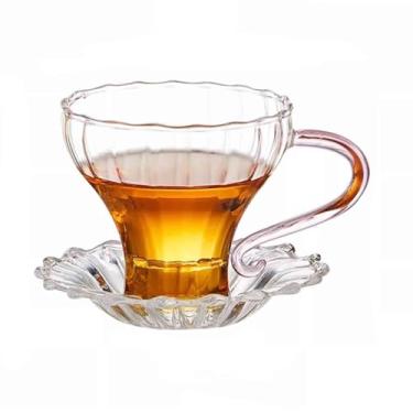 Imagem de x3anggyt5 Copo de vidro borossilicato transparente de 160 ml com pires, xícara de chá e café com listras elegantes com alça rosa