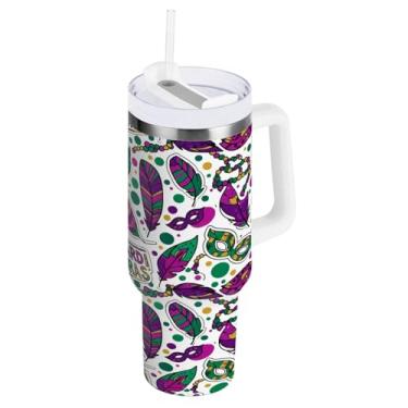 Imagem de Blueangle Copo isolado carnaval carnaval 1,134 g com alça e tampa de palha, caneca de viagem reutilizável de aço inoxidável (584)