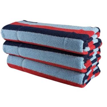 Imagem de Toalha de Banho Listrada Grande 64x133cm Algodão Macio Design Moderno Cores Vibrantes(Azul e vermelho)