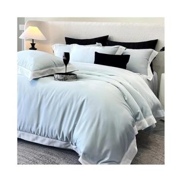 Imagem de x3anggyt5 Conjunto de cama de algodão Lyocell luxuoso 4 peças macio sedoso cor pura capa de edredom lençol e fronha (azul, Queen 200 x 230 cm 4 peças)