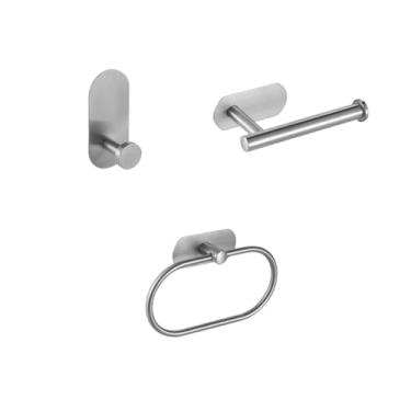 Imagem de Sem perfuração conjuntos de acessórios de banheiro preto suporte de papel higiênico rolo de papel toalheiro barra trilho anel roupão roupas gancho ferragens, escovado 3 peças conjuntos A, 1