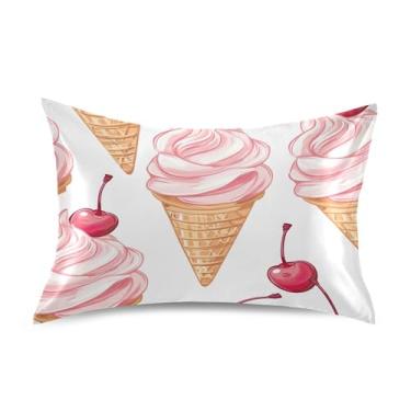 Imagem de xigua Fronha de cetim de sorvete cereja para cabelo e pele, lavável na máquina, antiderrapante, refrescante, almofada queen com fecho de envelope, 50,8 cm x 76,2 cm