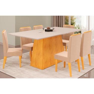 Imagem de Cozinha Completa Dulce Tampo Madeirado Com Vidro Reto 180x90cm E 6 Cadeiras Lia Cedro Off White Suede Kraft