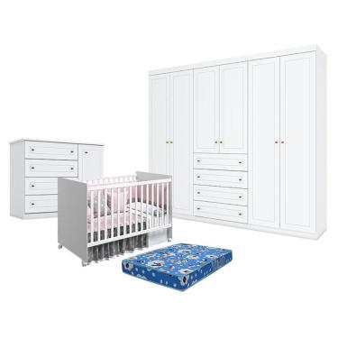 Imagem de Quarto De Bebê Americano 6 Portas Com Berço Nacional Mel Branco Acetinado - Reller - Henn E Colchão Tendtudo.