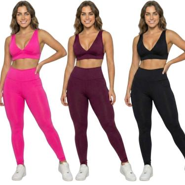Imagem de KIT 3 Conjunto Top Bojo Costa Cruzada e Calça Suplex Bella Fiore Roupa Academia Fitness...