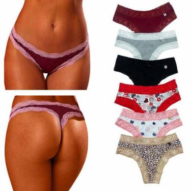 Imagem de Kit Com 6 Calcinhas Fio Em Algodão Com Renda Feminina Adulto Estilo RE