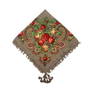 Imagem de Lenço Quadrado Floral Feminino 90x90cm Com Franjas Estilo Russo Ucrani