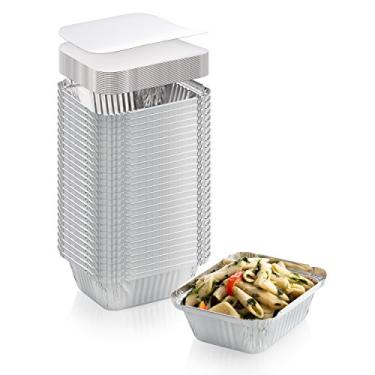 Imagem de Pacote com 50 panelas de alumínio descartáveis resistentes com tampa | Bandeja de armazenamento de alimentos de estanho 100% reciclável | Recipientes extra resistentes para cozinhar, cozinhar, preparar refeições, levar 1 lb 5 x 4 x 2