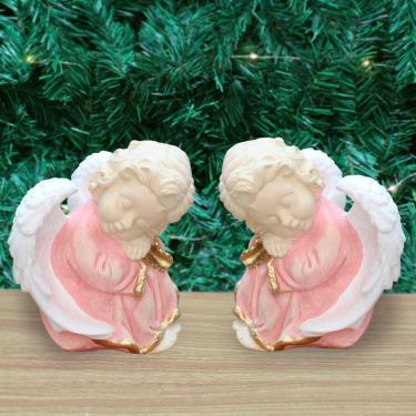 Imagem de Par De Anjos De Gesso Rosa Sentado Estátua Decorativa 11cm