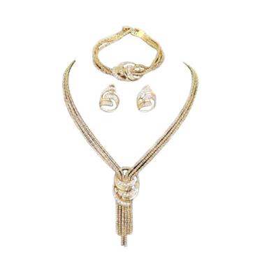 Imagem de Finemall Conjunto de joias de cristal com colar de ouro 18K folheado a ouro brilhante e largo conjunto de brincos de colar de fantasia africana conjunto de colares de moda feminina Dubai banhado a our