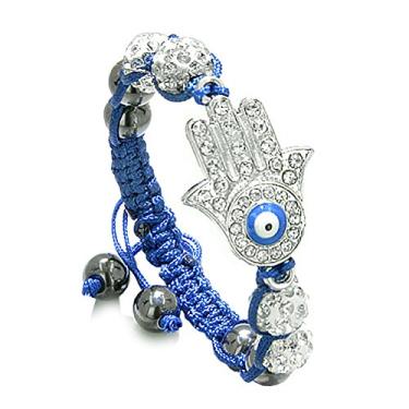 Imagem de BestAmulets Pulseira de mão Hamsa com olho mágico de proteção contra o olho turco com cordão azul com contas de hematita simuladas, One Size, Argila branca, hematita sintética