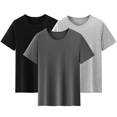 Imagem de 3 peças modal gola redonda manga curta camiseta para homens e mulheres verão fresco cor sólida modal camiseta.., Preto, cinza, cinza claro, XXG