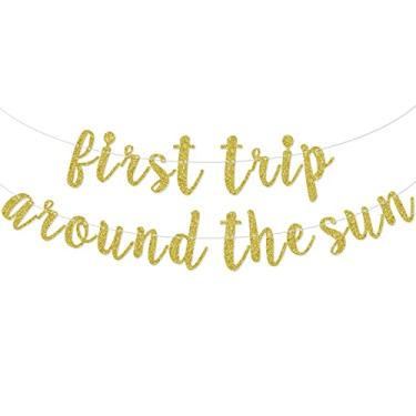 Imagem de Banner de primeira viagem ao redor do sol, suprimentos para decoração de aniversário de 1º aniversário, decoração de chá de bebê para meninos, placa de pendurar para parede Space First Bday, sem DIY, glitter dourado