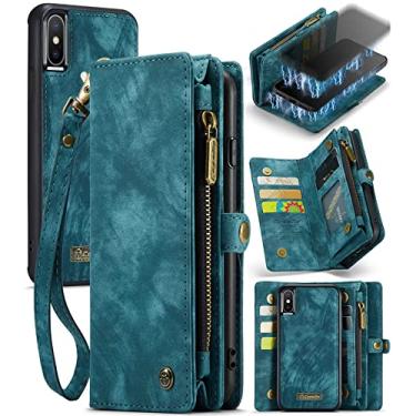 Imagem de ZORSOME Capa carteira para iPhone Xs Max, 2 em 1 destacável de couro premium PU com 8 compartimentos para cartões, bolsa magnética com zíper, alça de pulso para mulheres, homens e meninas, azul